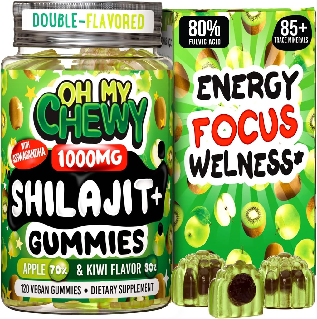 Čisti himalajski shilajit Gumies - visoka potenca zlata stopnja Resin - energijska okrepitev in imunske podpore za moške in ženske z Ashwagandha in Shatavari - 120 Gummy - Apple & Kiwi