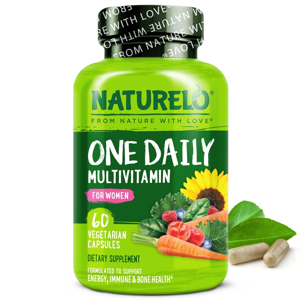 NATURELO en dnevni multivitamin za ženske w/vitamin B12, 60 Ct, energijska podpora, celotna prehrana vsak dan ženske multivitaminski dodatek, hranilne lase/koža/nail, ne-GMO, brez soje, gluten brezplačno, 2 mesec dobave
