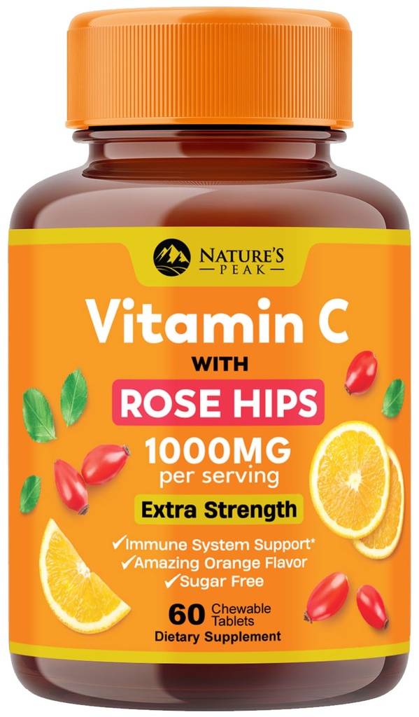 Vitamin C 1000mg Žvečljiv dodatek - Ekstra moč Imunska podpora Vitamin C Prehranska dopolnila z Rose HIPS, Naravni vitaminC Antioksidant Podpora, Naravni, Vegan, Orange Flavor - 60 tablet