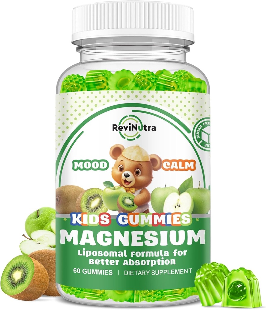 Liposomni otroci Magnezij Gumies- Magnezij Glicinat Gumies za otroke dodatek-m/omega-3, vitamin B6, D3- Podpora Calm Stress Relief, Kost, Mood, Green Apple & Kiwi Flavor, 60 Count
