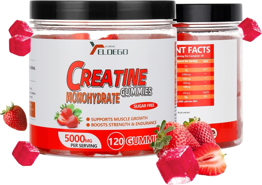 Kreatin Monohidrat Gumies 5000mg Sladkor Brez sladkorja za moške in ženske, z L-tavrin + vitamin B12 za mišično moč, mišice Graditelj, Energy Boost, Predworkout dodatek, Jagoda, 120 Število