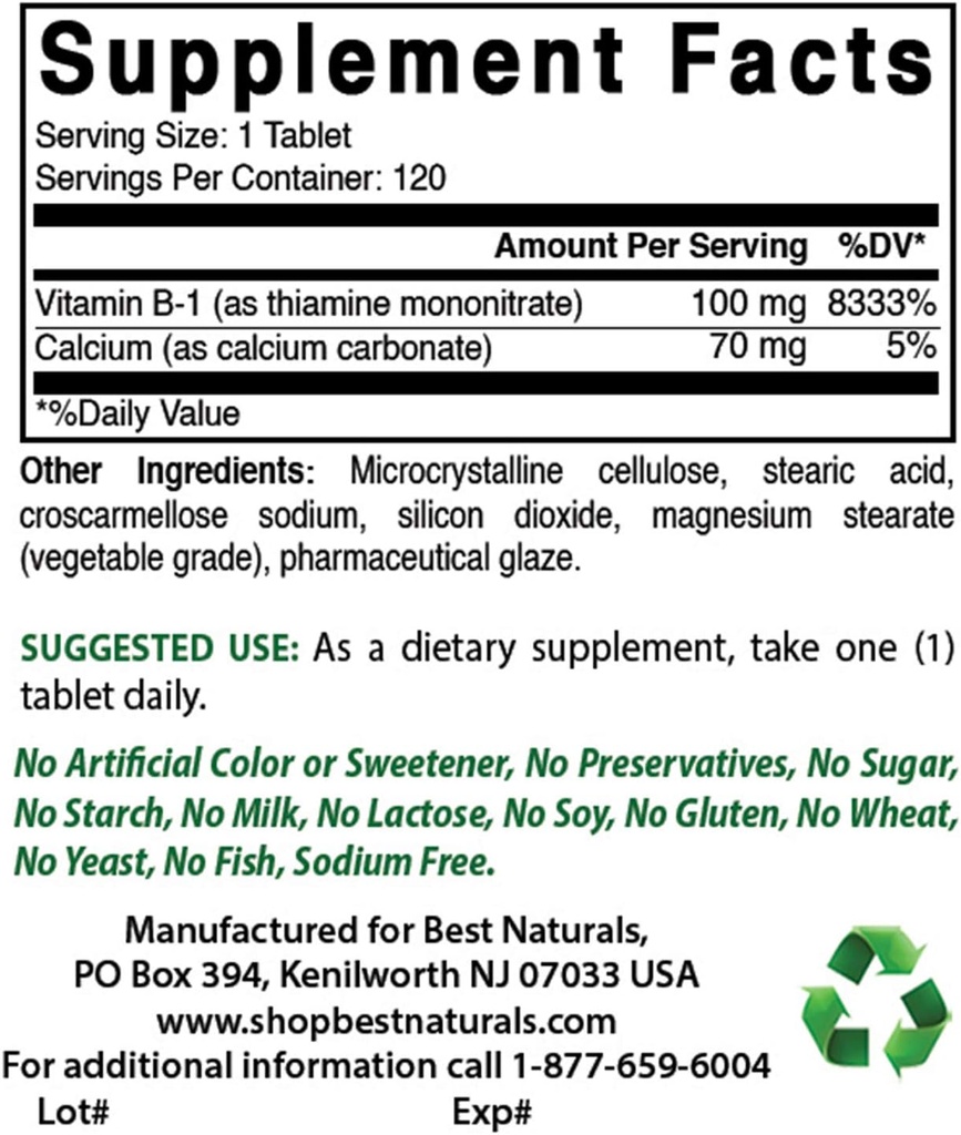 Najboljši naravni vitamin B1 kot tiamin mononitrat 100 mg in vitamin B-6 25 Mg