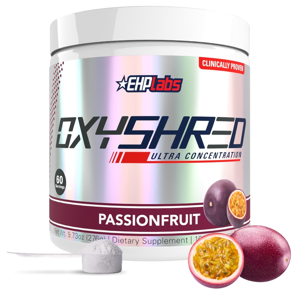 EHP Labs OxyShred Pre Workout Powder & Shredding Supplement - Preworkout Powder z L Glutamin & Acetil L Karnitine, Energy Boost Drink - Pasijonka, 60 Strežnice