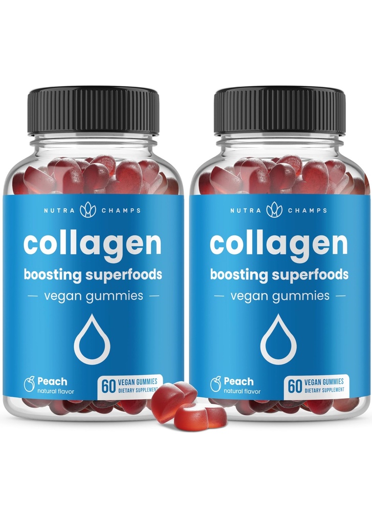 NutraChamps Colagen Booting Gummies, Colagen Booster Gummy za naravno kolagen proizvodnje, Vegan Pectin dopolnila Chews za ženske in moške, 60 Breskve Gummies (Pack z 2)