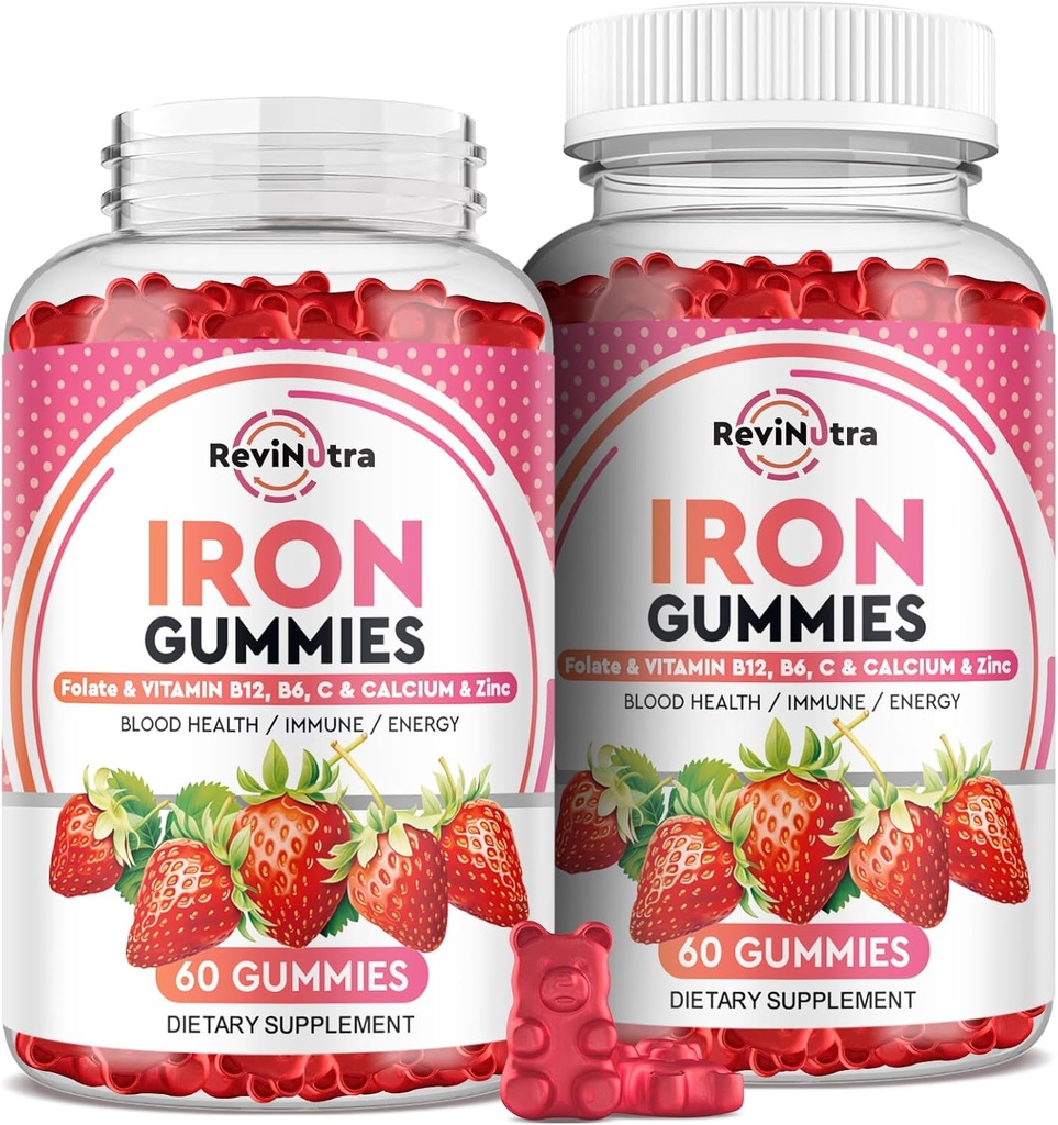 Iron Gumies - s kalcij, cink, Folat & Vitamin B12, C, B6 za odrasle in otroke - Blood Builder & Energy Support for Iron Deficiency, Anemija, Vegan - 2 Pack Jagodna aroma,60 Gumies
