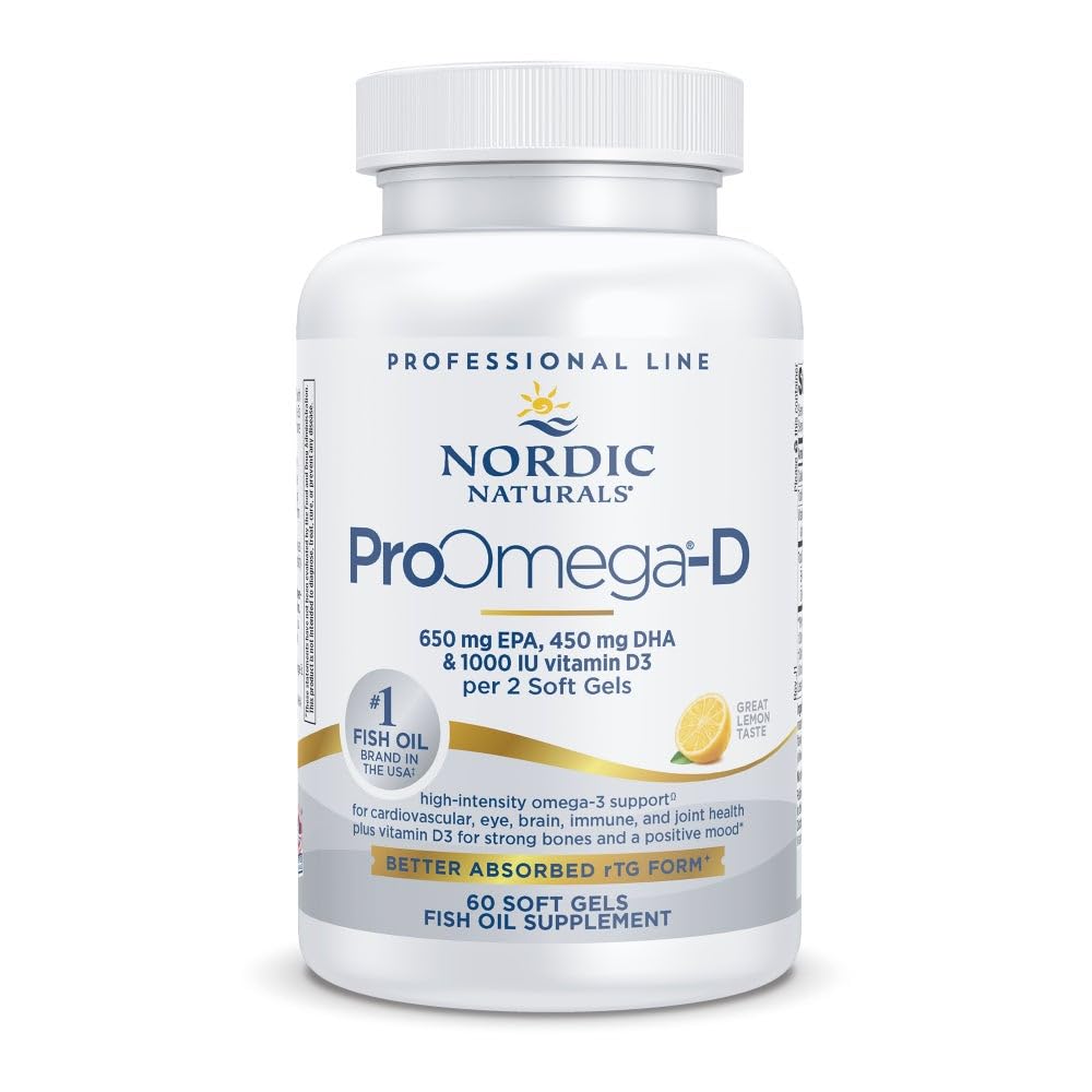 Nordic Naturals Proomega-D, limonska aroma - 60 mehkih gelov - 1280 mg Omega-3 + 1000 i.e. D3 - visokopotezno ribje olje - EPA & DHA - možgani, oči, srce, in imuno zdravje - Non-GMO - 30 strežnikov