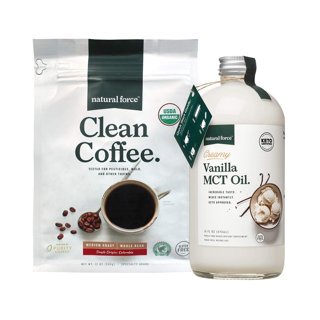 Naravna sila Ekološka čista kava + Kremna Vanilla MCT Oil Bundle – Aromatizirana MCT Creamer & Mold & Mycotoksin Free Coffee – Ne-GMO, Keto, Paleo in Vegan - 12 Oz Bag in 16 Oz Steklena steklenica