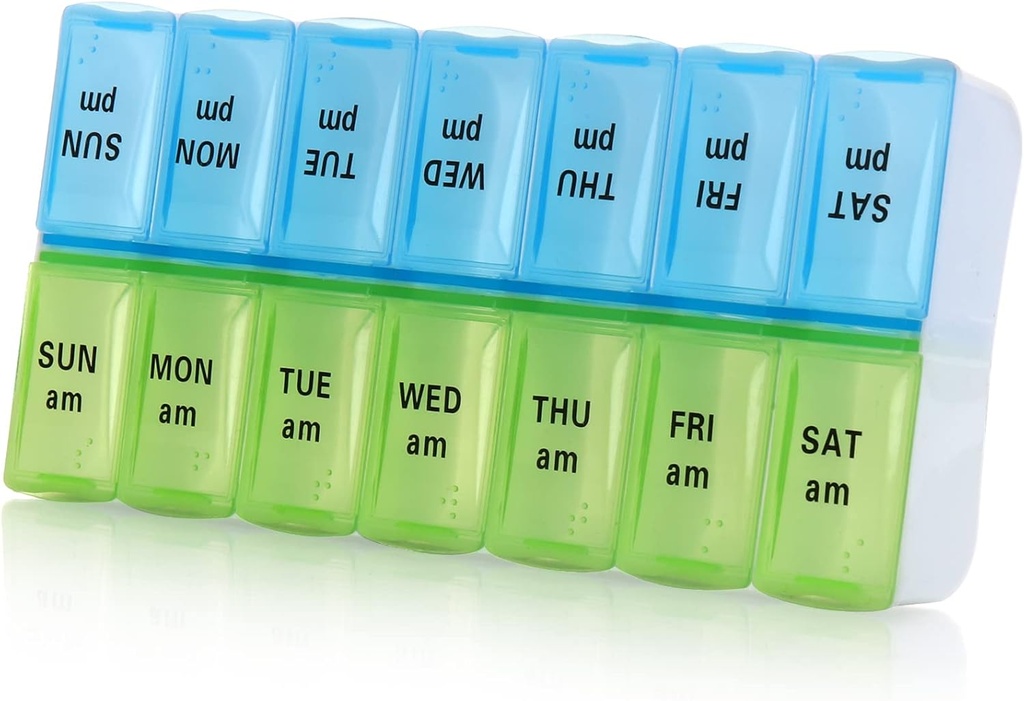 7 Tedenske tablete Organizator,Velike dnevne tablete Organizator 2 krat na dan,AM PM tablete primera, Day Night tablete vsebnik 7 dan 14 Kompartmenti za tablete Vitamin medicine (modra + zelena)