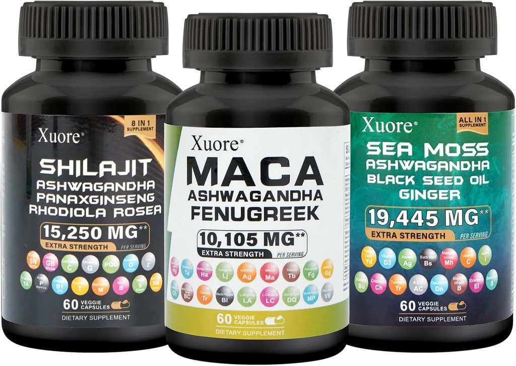 Bundele of Sea Moss,Shilajit,Maca, Black Seed Oil, Ashwagandha, Ginger, Shilajit, Rhodiola Rosea, Panax Ginseng, Maca Root, Fenugreek, Trifibranol100X,Vse v 1 dopolnila (1 pakiranje)