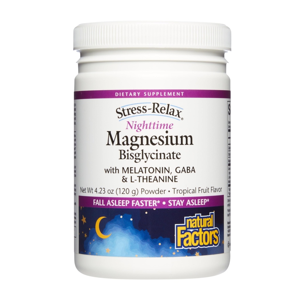 Naravni dejavniki Stress-Relax Nočni čas Magnezij Biglicinat - Podpira spanje in sprostitev* - z Melatonin, L-Theanine & GABA - Tropical Flavor - 4.23 oz