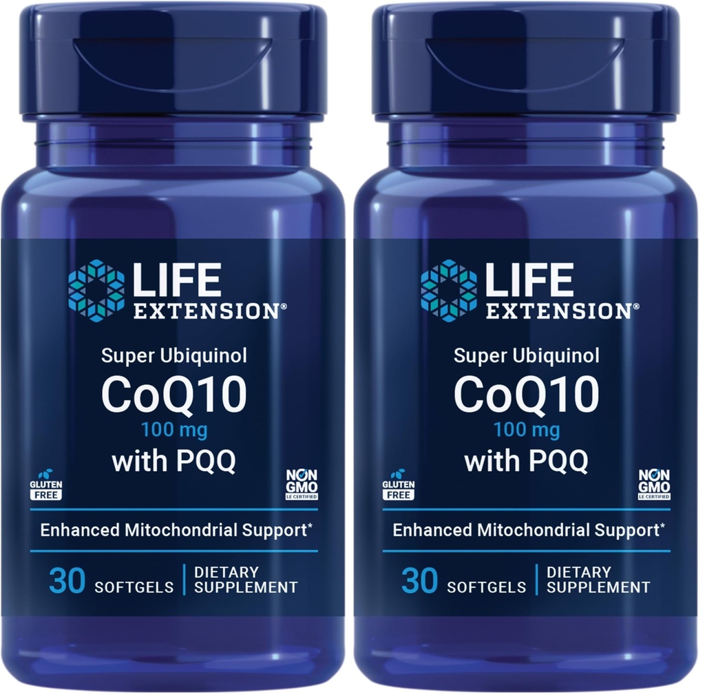 Life Extension Super Ubiquinol CoQ10 s PQQ, CoQ10, PQQ, shilajit, zdravje srca, podpora celični energiji, 8X boljša absorpcija, Gluten-free, 100 mg, 30 mehkih gelov (paket po 2)