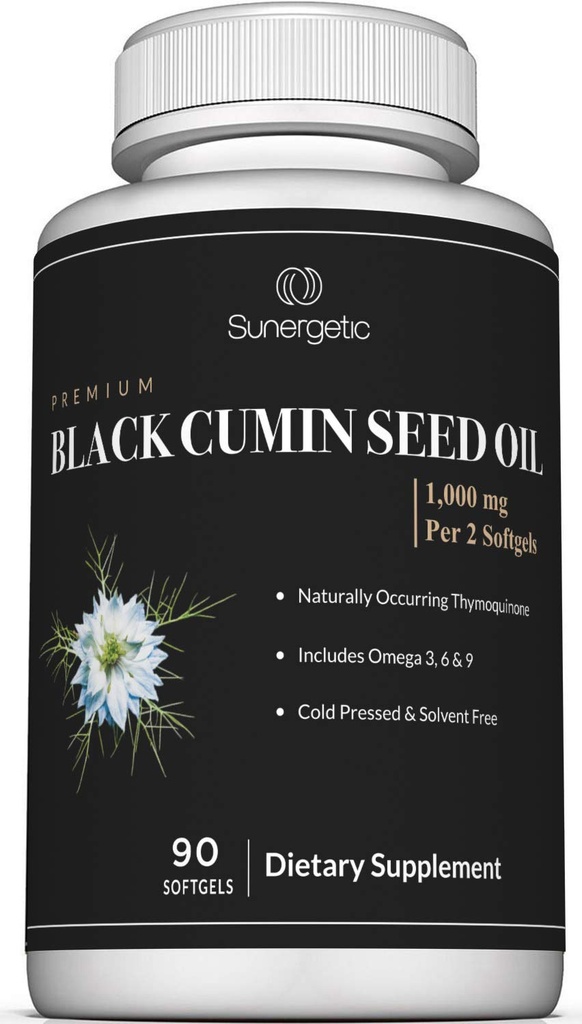 Sunergetic Premium Oil Black Cumin Seed Softgels – 1.000mg črnega olja na serviranje – Nigella Sativa, ki ni gensko spremenjena – vključuje Thymokinon & Omega's - 90 Softgels