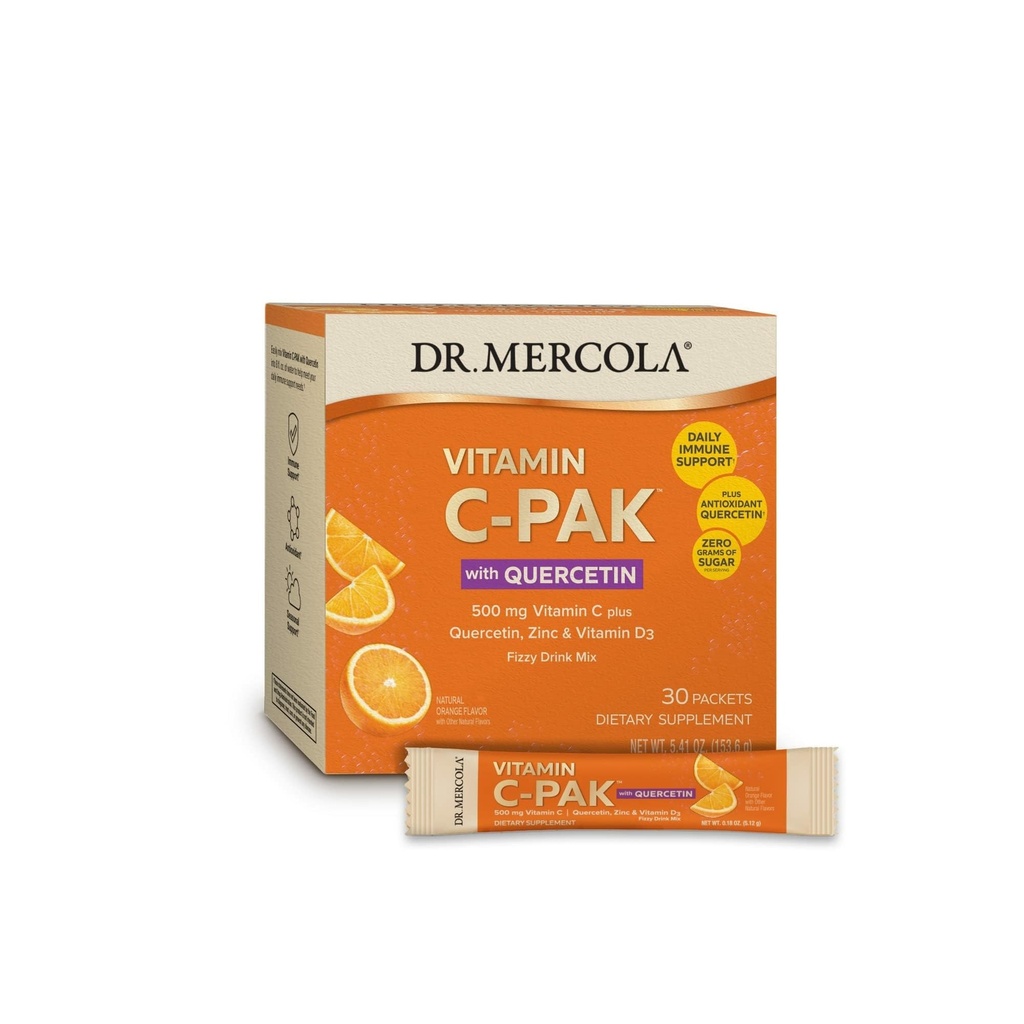 Dr. Mercola Vitamin C-PAK s Quercetin - Dnevni imunski podporni napitek - cinkova mešanica in vitamin D3 - Gluten-free - šumeče pomarančne arome - 30 paketov
