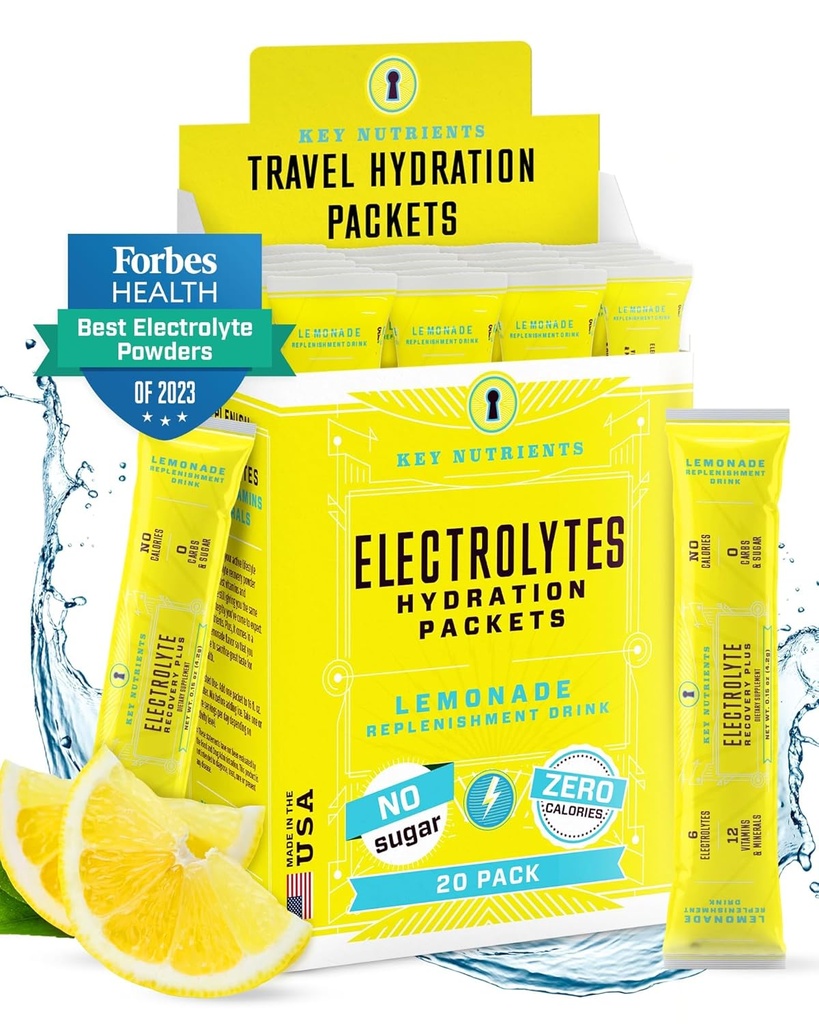 KLJUČNI HRANILCI Elektrolitski paketi v prahu - osvežitev limonade 20 Pack Hidracijska embalaža - potovalna hidracija v prahu - Brez sladkorja, brez kalorij, Gluten brezplačno - Made in USA