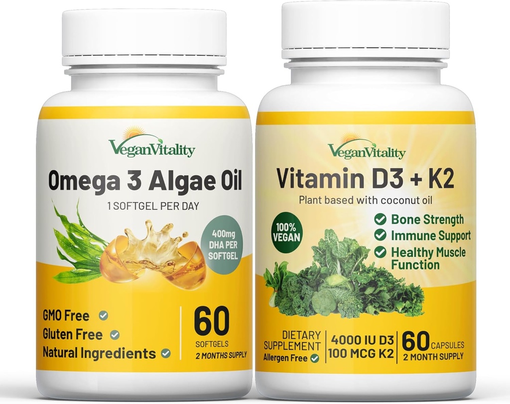 Vegan Vitality Health Booster Bundle - Vegan D3+K2 in Vegan Omega 3 Algae Oil. Visoka moč Rastlina temelji Formula za imuniteto, energijo Splošno zdravje za Vegane in vegetarijance