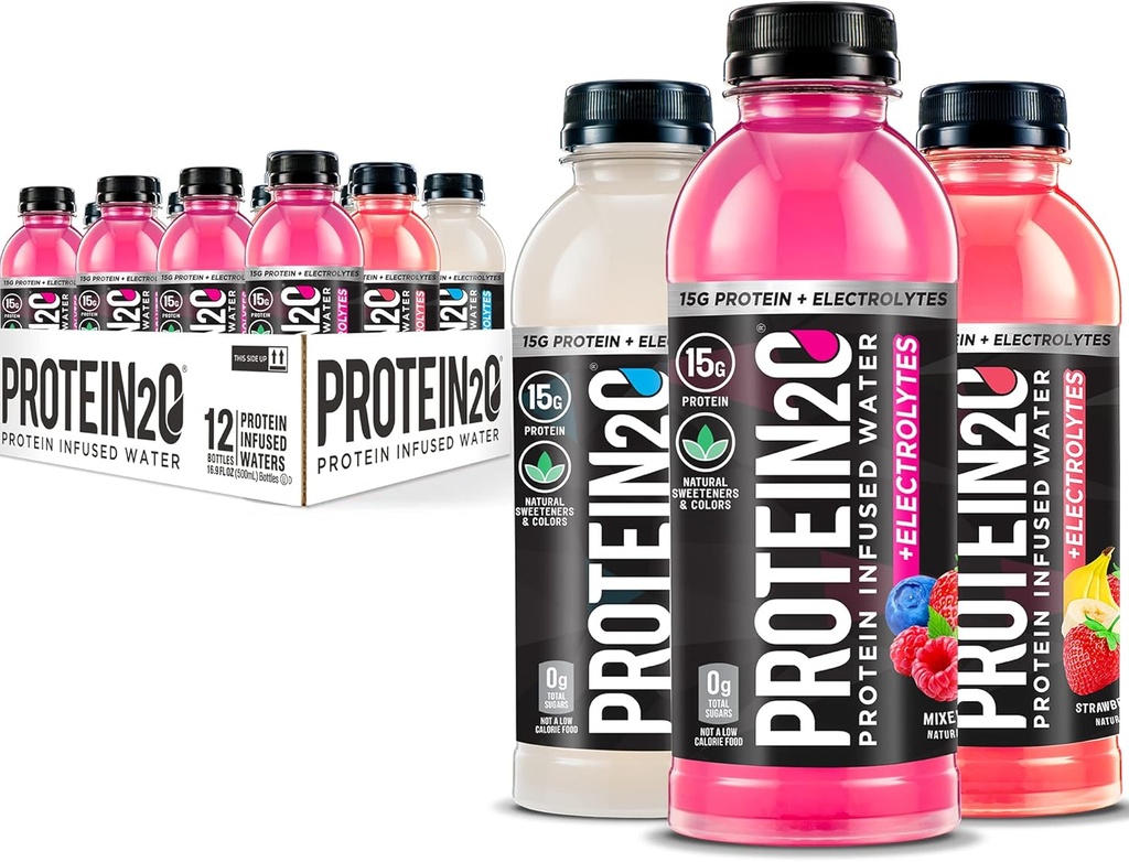 Protein2o 15g izolat sirotkinih beljakovin Infundirana voda Plus Elektroliti, Brez sladkorja Športni napitek, Pripravljen za pitje, Brez glutena, Laktoza, Elektrolit Variety Pack, 16,9 fl oz Steklenica (12 Count)