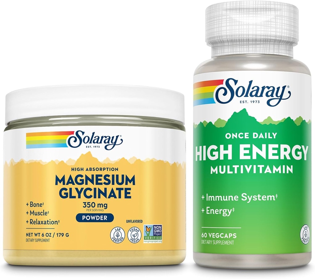 SOLARAY Magnezij Glicinat prašek 350 mg in visokoenergijski multivitaminski paket - kelirani magnezij in enkrat na dan multi - zdravje kosti, mišice, srce in imunske podpore, 60-dnevni garancije, 6oz/60ct