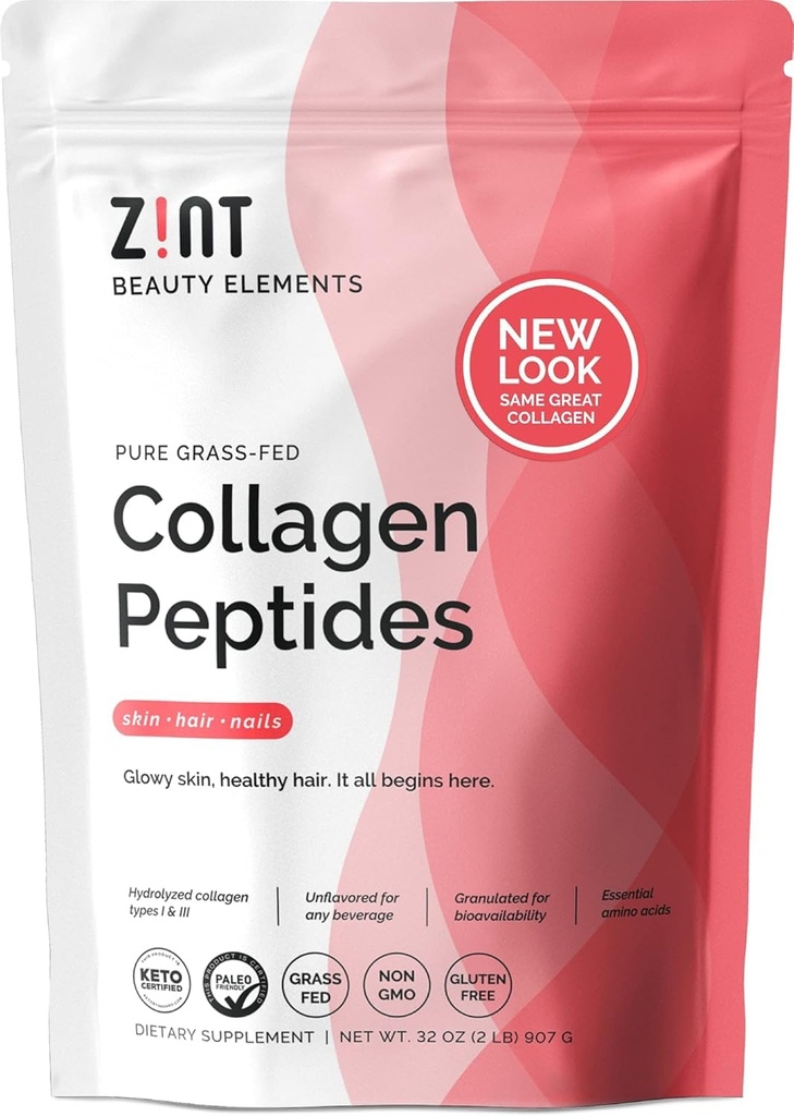 Zint colagen peptides prašek (32 oz): Paleo-friendly, Keto-Certified, Grass-Fed Hydrolyzed Kolagen Protein dodatek - brez arome, Non GSO