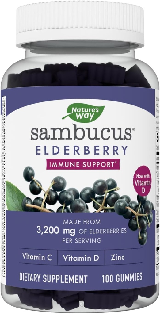 Naravoslovna pot Sambucus Elderberry Gumies - Imunska podpora za otroke in odrasle* - z vitamini C, D3, Zinc & Antioksidant Podpora* - Gluten Free & Vegetarian - 100 Gumies