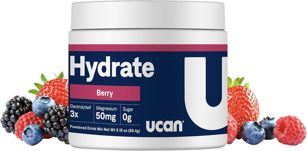 UCAN Hydrate Drink Mix (Berry, 30 Serving) Sugar-free, Keto-prijateljski, Vegan, Ne-GMO, Gluten-free Elektrolitni prašek s kalijem in magnezijem za runerje in športnike