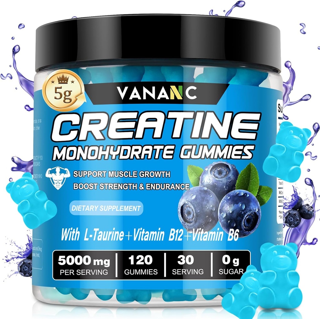 Kreatin monohidrat Gumiji 5000 mg za moške in ženske, brez sladkorja, nizko v kalorijah, z L-tavrin + vitamini za povečanje mišične moči