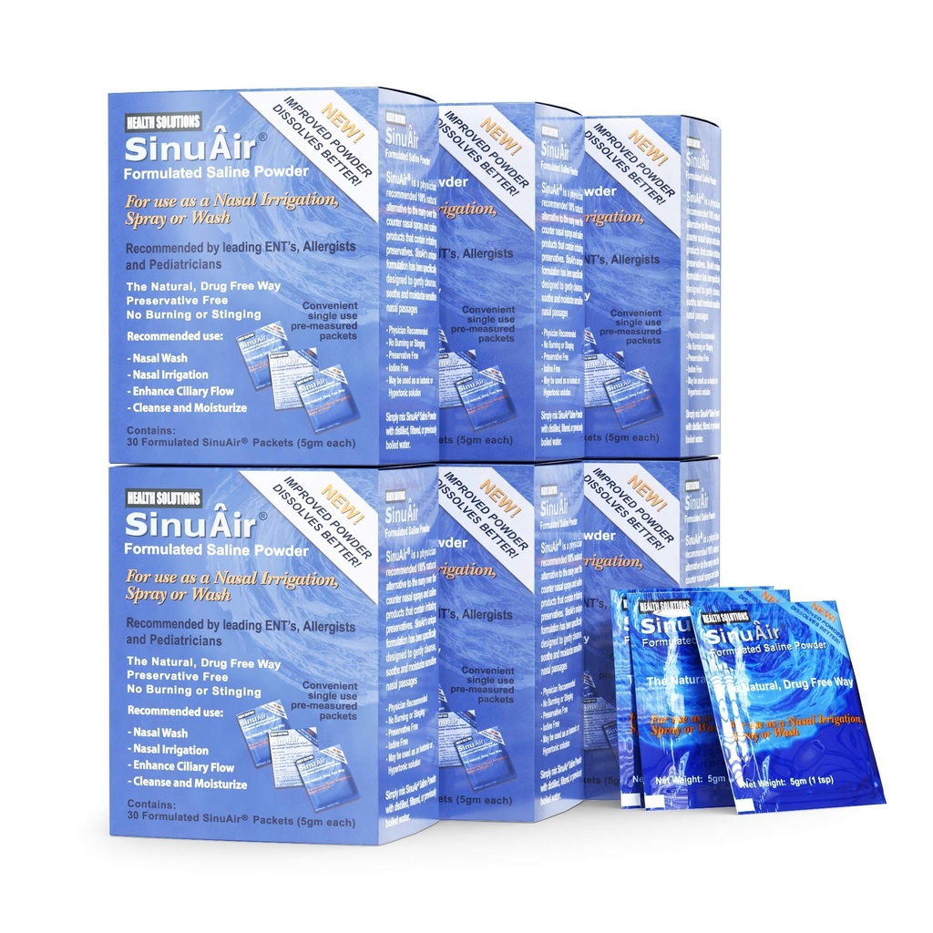 SinuAir Sinus Rinse Sol Sol Sol Sol Sol Sol Sol - Saline Powder for SinuPulse System, Neti Pot Flush, Nazal Wash Squeeze Steklenica, & Nose namakanje, Izboljšana formulacija in čiščenje za Sinuse, 180 Paketi