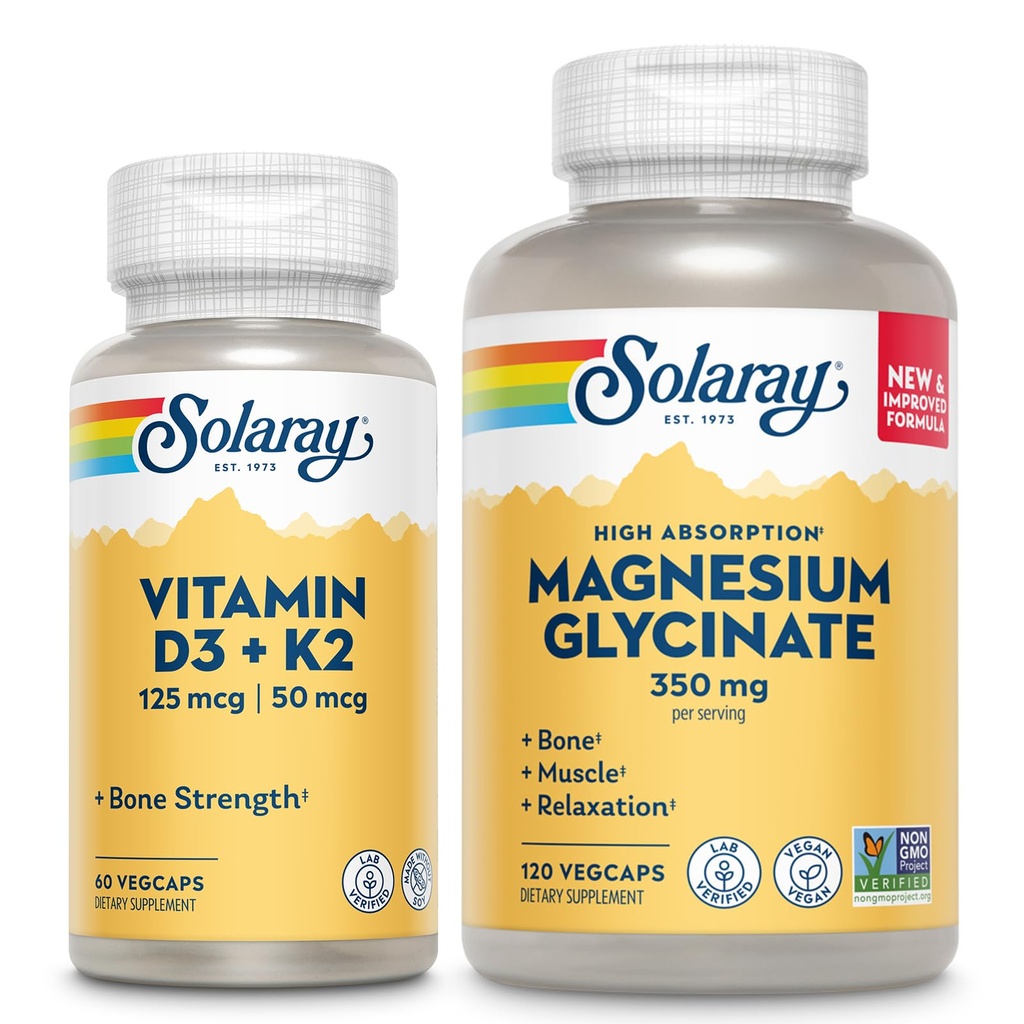 SOLARAY Vitamin D3 K2 in magnezijev glicinat - Kost Health Bundle - Kalcijeva absorpcija, Živec, srce in imunske podpore w/ 5000 i. e. Vitamin D, 350 mg Chelllirani magnezij, 60- dan garancije, 60ct/120ct