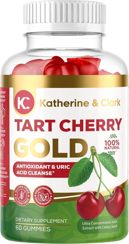 Katherine & Clark Tart Cherry Gold Montmorency Gummies - Tart Cherry Extract Gummies z zeleno seme - spodbuja zdrave ravni sečne kisline za podporo skupne olajšave - Vegan Made v ZDA - 60 Count