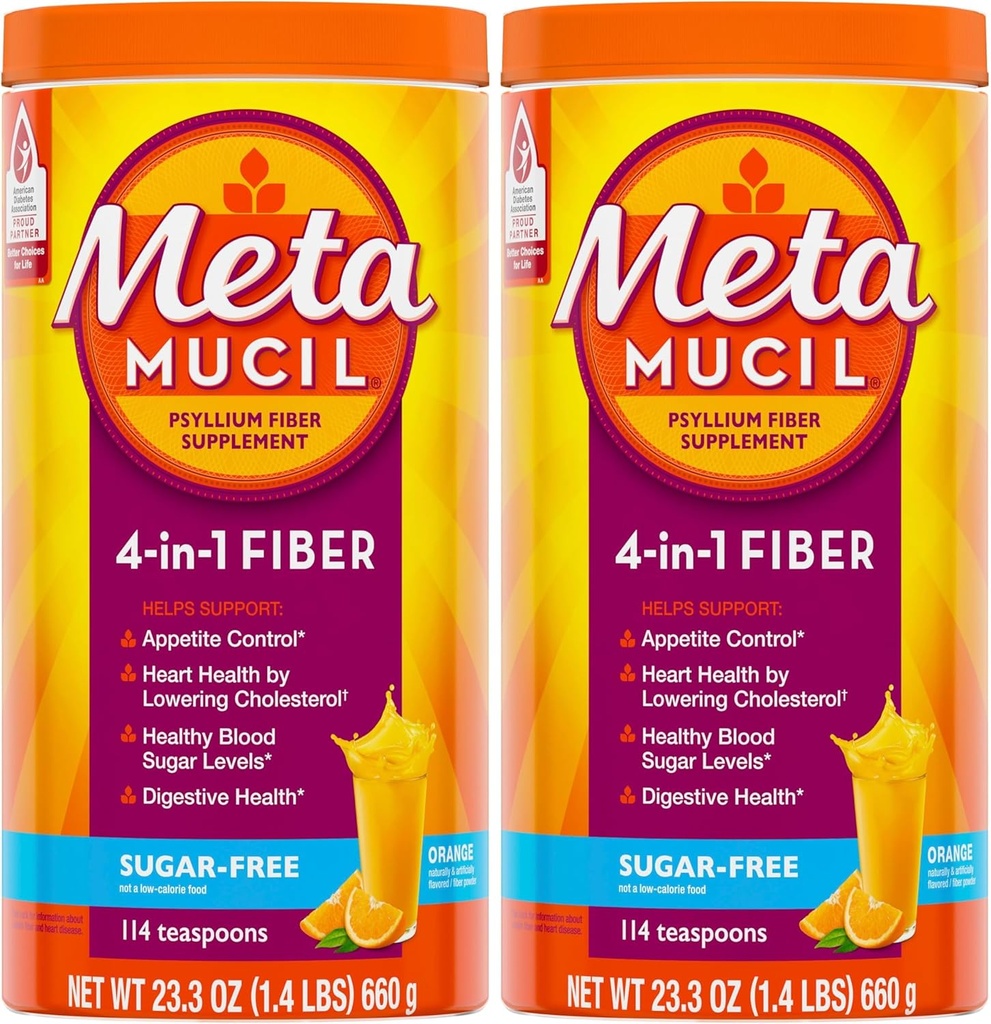 Metamucil, Dnevni Psylium Husk Powder dodatek, Sugar-free Powder, 4-v-1 Fiber za digestivno zdravje, Oranžna aromatizirana pijača, 114 čajne žličke, 1,4 Pound (Pack po 2)