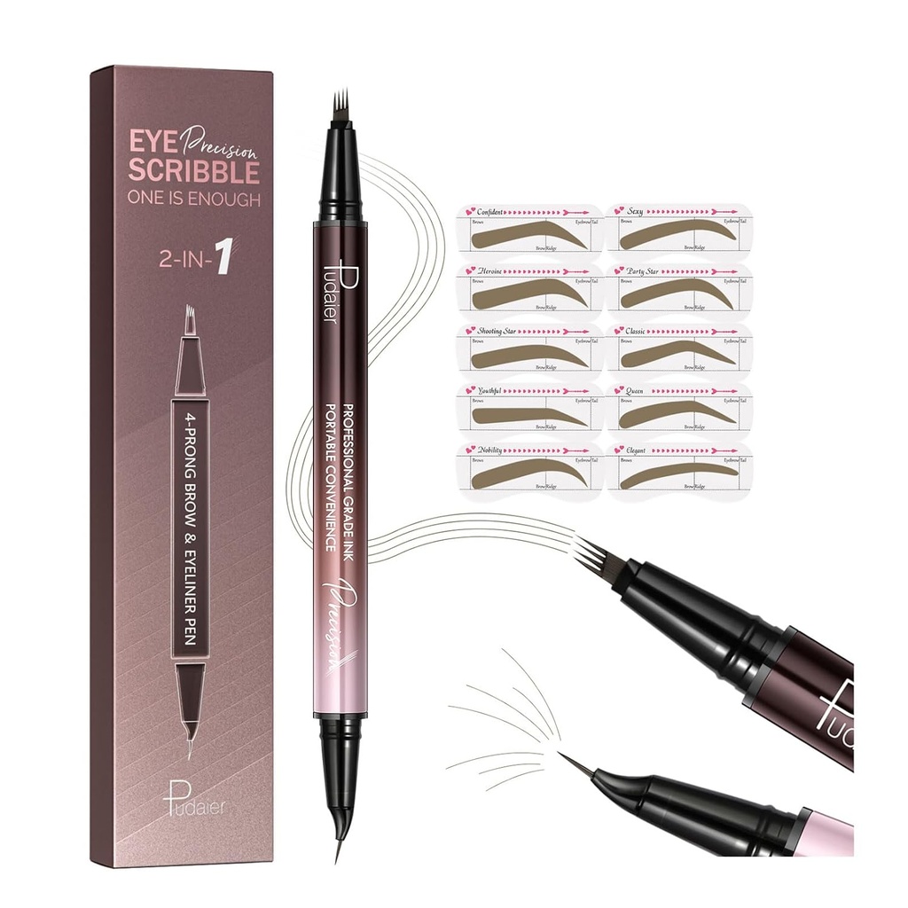 Pudaier 2-in-1 Curved Eyebrow Pen & Eyeliner z 10Pcs Brow Stencils, Microblading Eyebrow Pencil, Vodoodporna in dolgotrajna, Tuffle