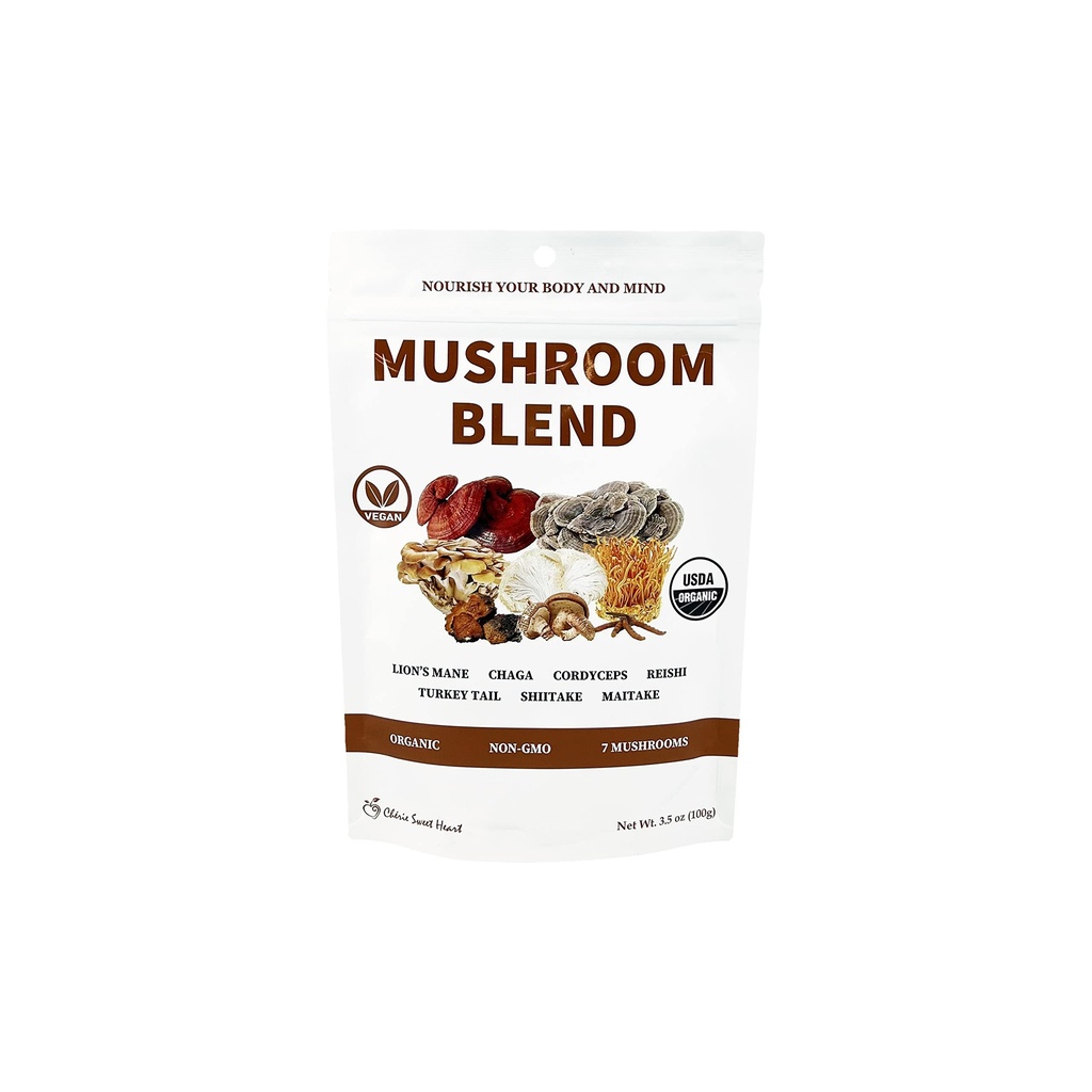 Cherie Sweet Heart 7 Izvleček gob v prahu – USDA Organska superživilska mešanica z levjo grivo, Reishi, Cordyceps, Maitake, Shiitake, Turčija Tail & Chaga – Vegan, Non-GMO, Gluten-free – 3,5 oz