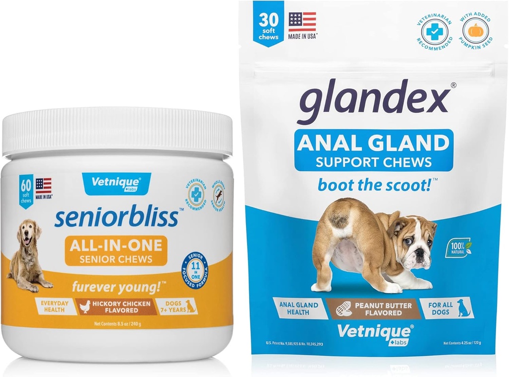VETNIQUE Seniorbliss All-in-One Multivitaminski žveči za starejše pse (60ct) & Glandex Anal Gland Support Peanut Butter Soft Chews za pse (30ct)