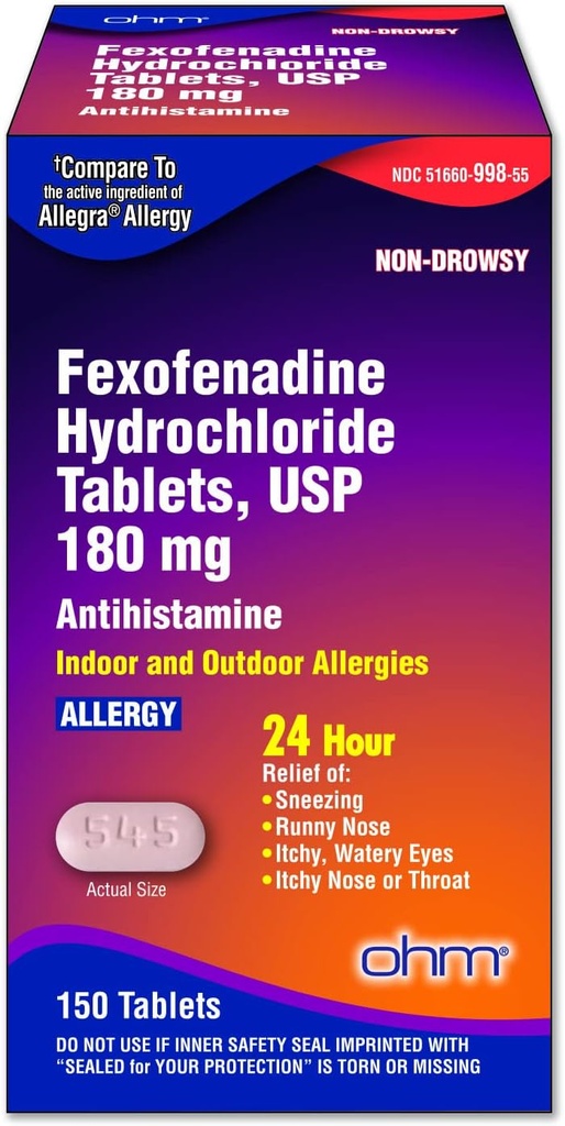 Ohm Alergija Medicine Fexofenadin 180mg - 24 ur Relief za Sneesing in Alergija Simptomi, Ne- Drowsy - 24-urne tablete antihistaminikov za učinkovito lajšanje - 150 Število (eno pakiranje)