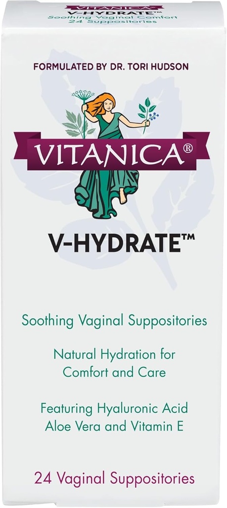 Vitanica V-Hydrate, Hialuronska kislina Vaginalne hranilnice za udobno in vaginalno hidracijo z Aloe Vera in vitaminom E, Hormone-free & Drug-Free, Vegan, 2 meseca dobave, 24 Število