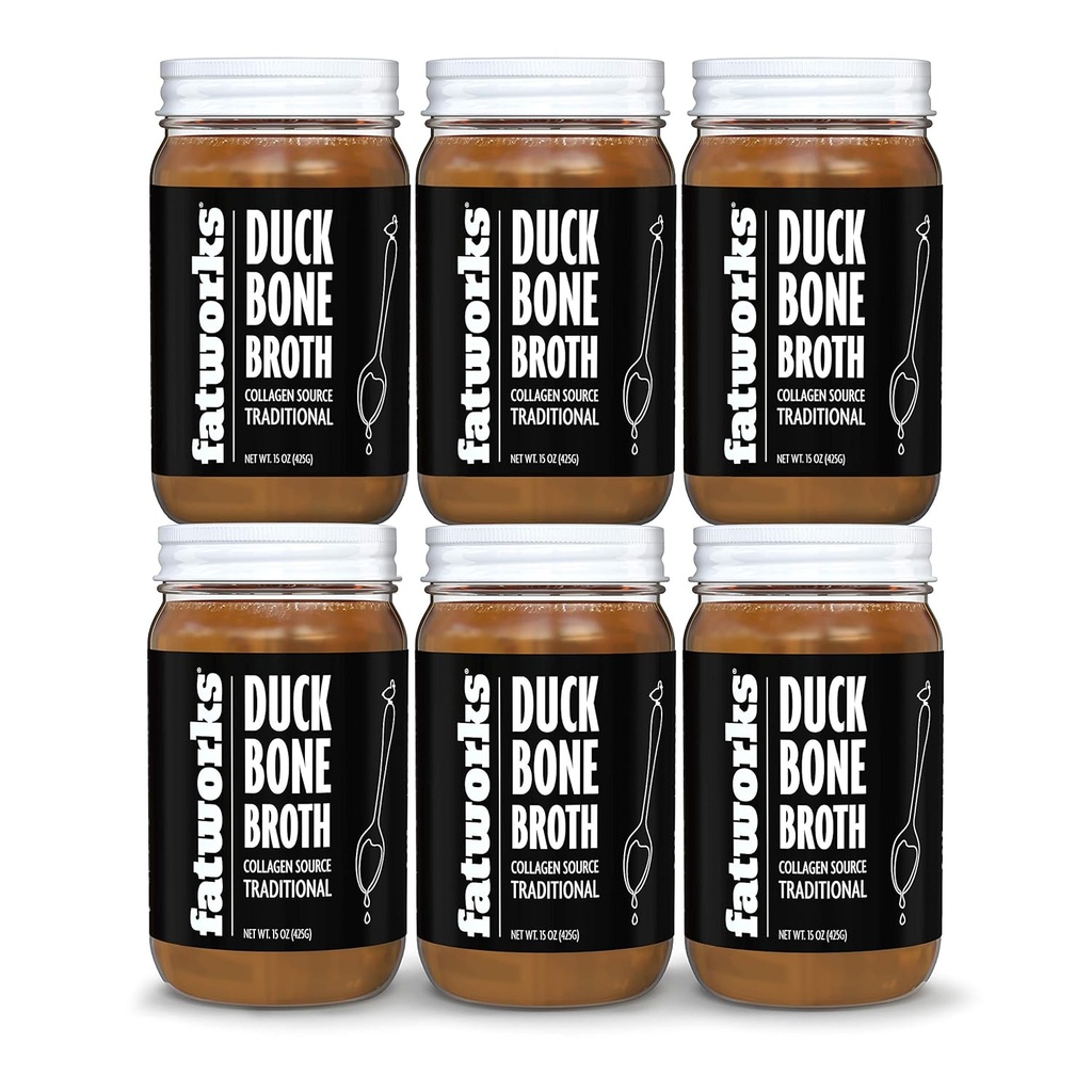 Maščoba Gourmet Cage-free Duck Bone Broth, Tradicionalni okus, Keto, Paleo, Collagen Rich, Ohranjevalno brezplačno, 6 pakiranje 15 oz. Kozarci
