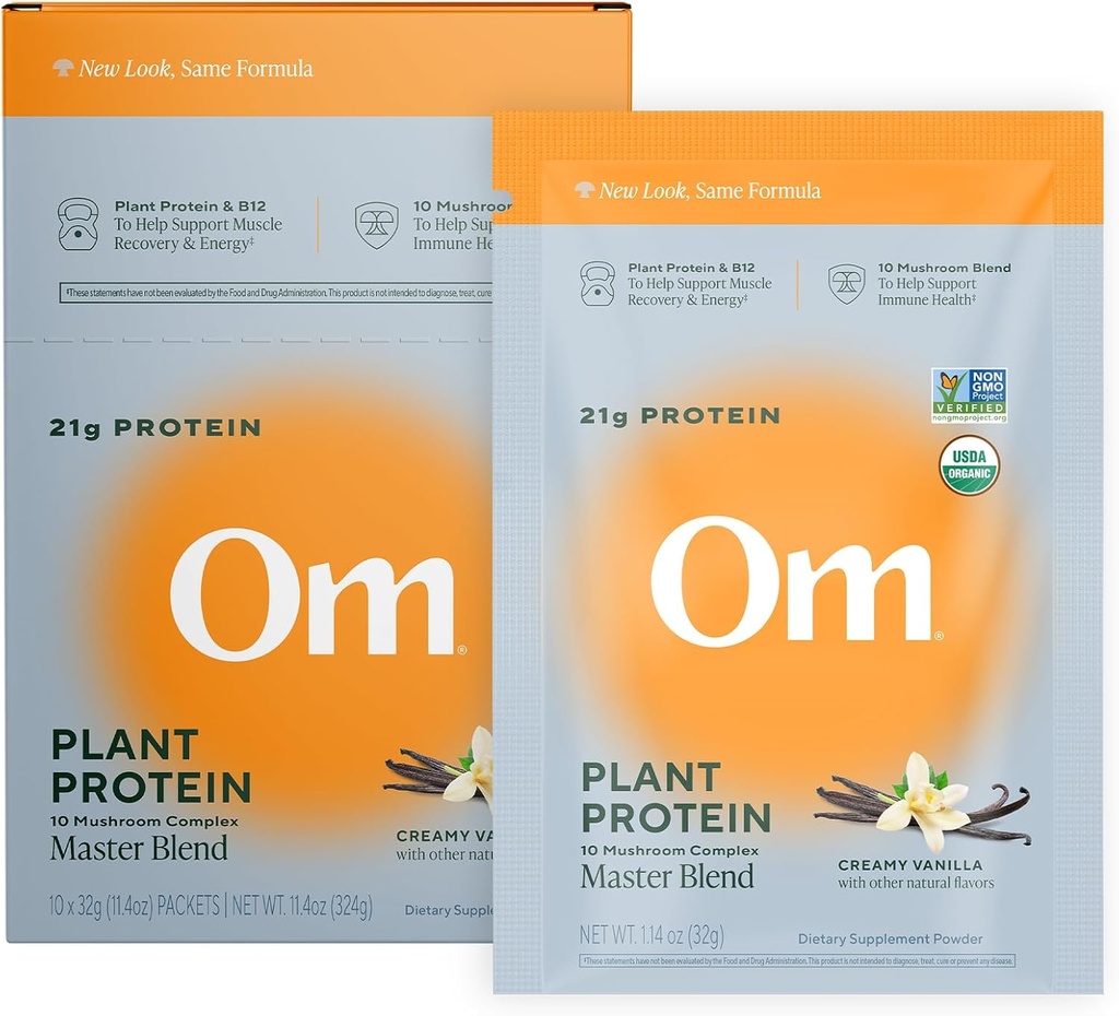 Om Master Mešanica Vegan Protein Powder, Vanilla, 21g rastlinskih beljakovin - Ekološka goba dodatek z 10 gob kompleks, Ashwagandha, BCAA in vitamin B12 - eno servo (10 štetje)