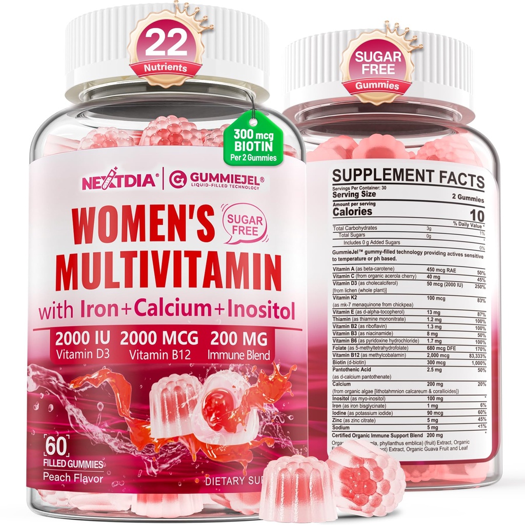 Metilirani multivitamin za ženske Gumije, kalcij, D3 K2, metilfolat & B12, inozitol, dnevni vitamin A, C, E, B kompleks, biotin, železo - energija, imuno, kosti, koža, lasje - Vegan, sladkor brez, 60 števk