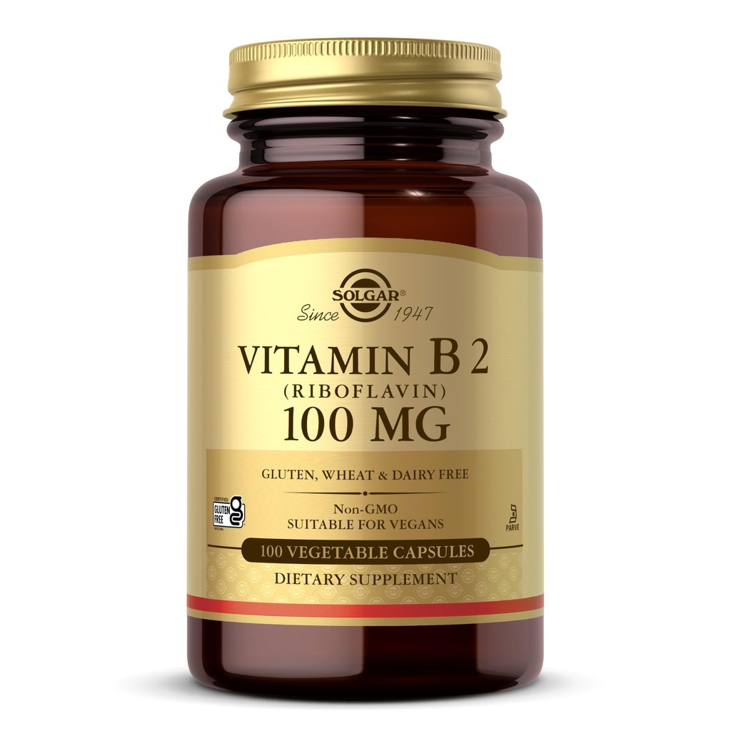 Solgar Vitamin B2 (Riboflavin) 100 mg, 100 Zelenjavne kapsule - energijska presnova, zdravo živčevje - ne-GMO, Vegan, Gluten brez mleka, Košir - 100 Servisi