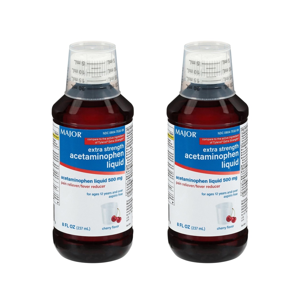 MAJOR Dodatna moč odraslih Tekoči acetatfen 500mg - pomaga lajšanje bolečine in zmanjšanje zvišane telesne temperature - Aspirin Free - Cherry Flavor - 8 Fl Oz (2 paket)