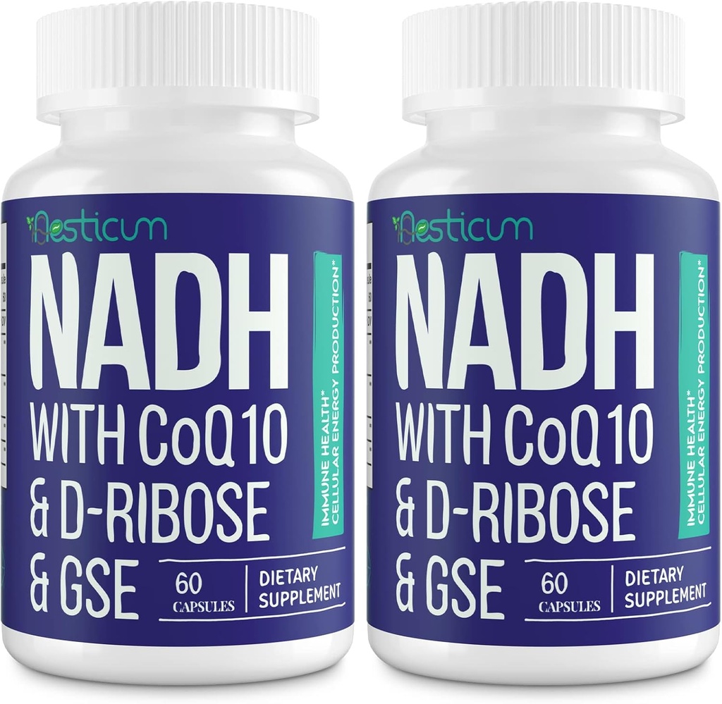 NADH 50 mg + CoQ10 200 mg + D-riboza 150 mg dodatek, povečanje NAD+ Dodatki za imunski sistem, celično energijo, fokus, zmanjšano količino nikotinamida, dinukleotid, 120 Veggie kapsul