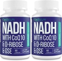 NADH 50 mg + CoQ10 200 mg + D-riboza 150 mg dodatek, povečanje NAD+ Dodatki za imunski sistem, celično energijo, fokus, zmanjšano količino nikotinamida, dinukleotid, 120 Veggie kapsul