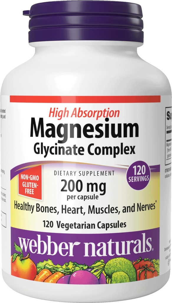 Webber Naturals Magnezij Glycinate Complex 200 mg, 120 Vegetarijanske kapsule, Visoka absorpcijska formula, Podpira kosti, srce, mišice in živci, Ena na dan, Vegan, Nova nalepka!