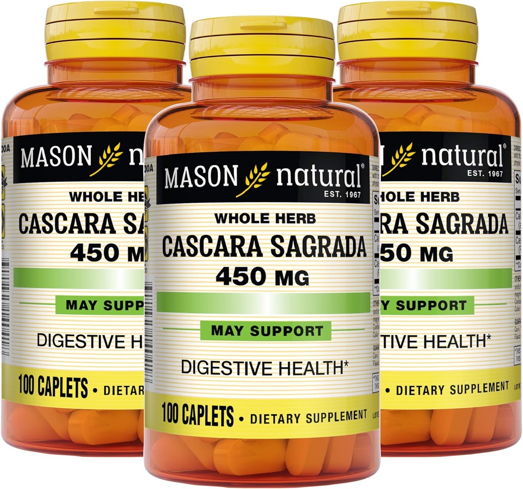 Mason Natural Cascara Sagrada 450 mg, Zeliščni dodatek za normalno digestivno podporo funkcije, 100 Caplets (paket 3)