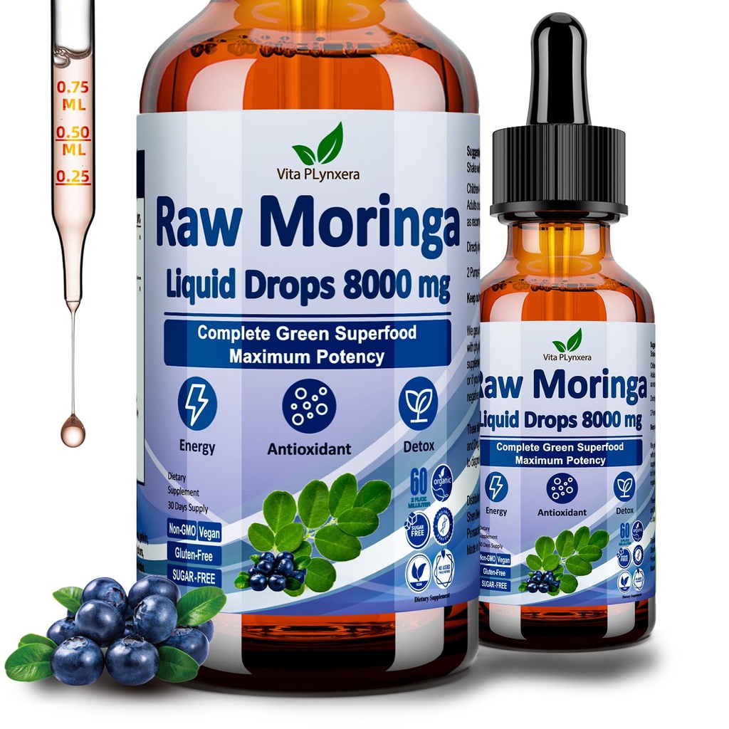 Raw Moringa Tekoče kapljice 8000 mg, Organski Moringa Oleifera Leaf Extract w. Superzeleni mešanica pšenične trave, ječmenova trava za antioksidant, energetika in imunost, visoka jakost kot kapsule v prahu