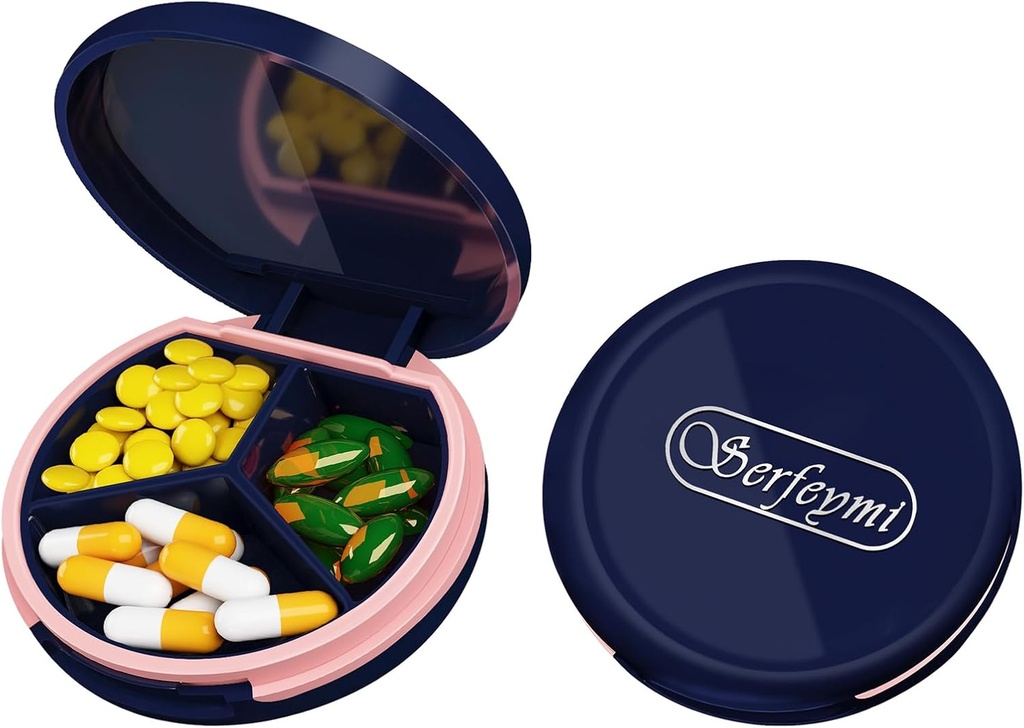 Serfeymi majhne tablete Box - 3 Kompartmenti Prenosne tablete Box za Purse Pocket, Compact Mini potovalne tablete Primer - Primeren za medicino, Vitamin, ribje olje, dodatki - temno modra(Logo)
