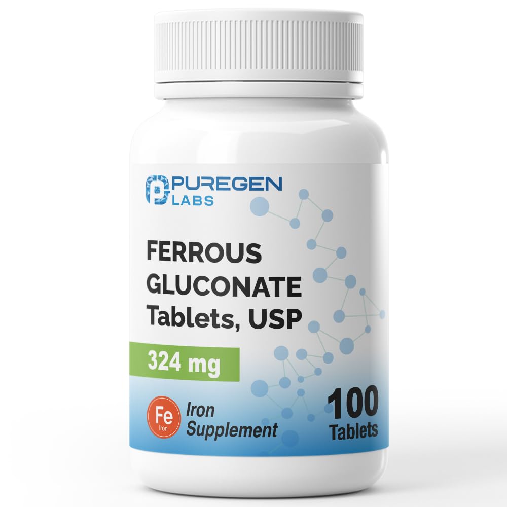 Puregen Labs Ferrous Gluconate 324 mg [High Potency] železov dodatek, Nežen na želodec - 100 tablet