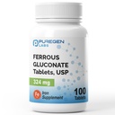 Puregen Labs Ferrous Gluconate 324 mg [High Potency] železov dodatek, Nežen na želodec - 100 tablet