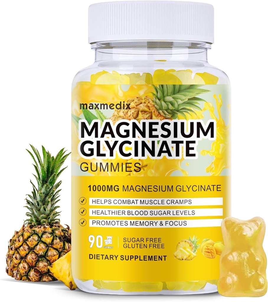 Magnezij Glycinate Gumies 1000mg, sladkor brez magnezija Kalij Dodatki žvečijo za odrasle z L-treonatom za spanje, podporo telesu in sprostitev,90 Mango Ananas Gumies