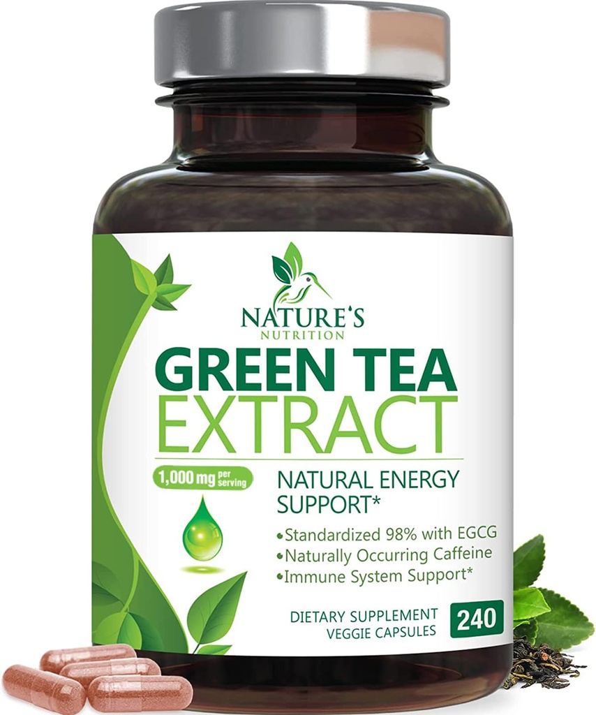 Ekstrakt zelenega čaja Kapsule 1000mg 98% Standardizirana EGCG - 3X Jakost za naravno energijo - podpora srcu s polifenoli - nežen kofein - 240 kapsul