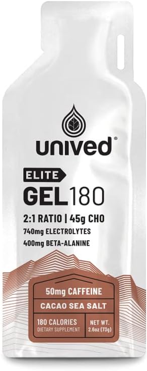 Unived Elite Gel 180-2:1 Razmerje preprostih in kompleksnih ogljikovih hidratov z Beta Alanine & Essential Electrolytes - za vzdržljivost Athletes Runners & Cyclists - 180kcal - Cocoa Sea Salt - 50mg Caffeine - Paket 6